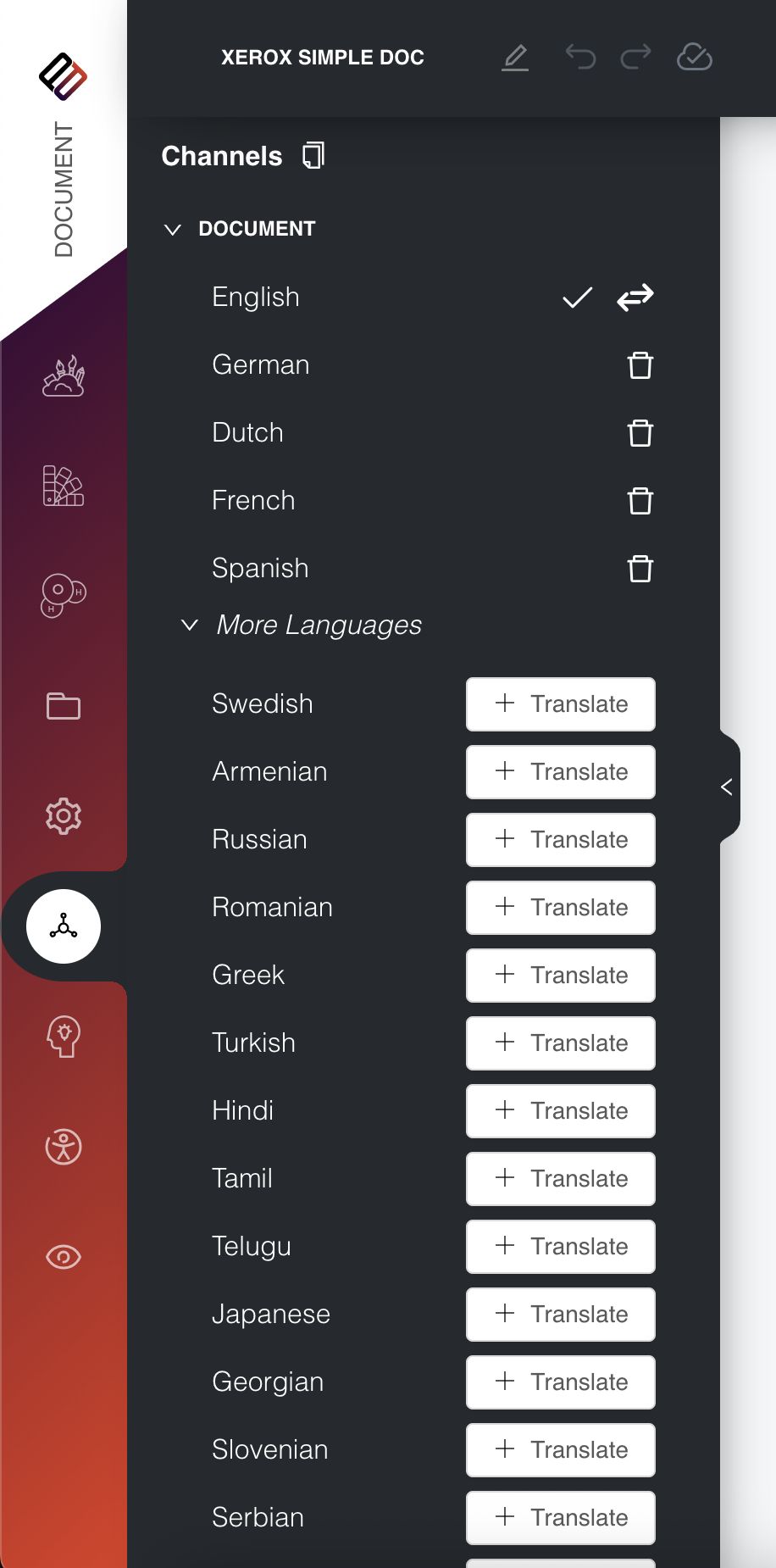 Multilingual interface showing language channels with translate buttons
