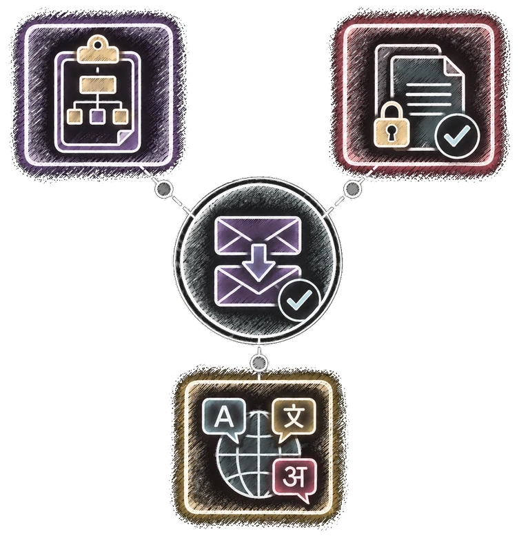 Hub-and-spoke illustration: an incoming policy event routed and confirmed, connected to automated assembly with structured fields, a locked and approved compliant document, and multi-language coverage