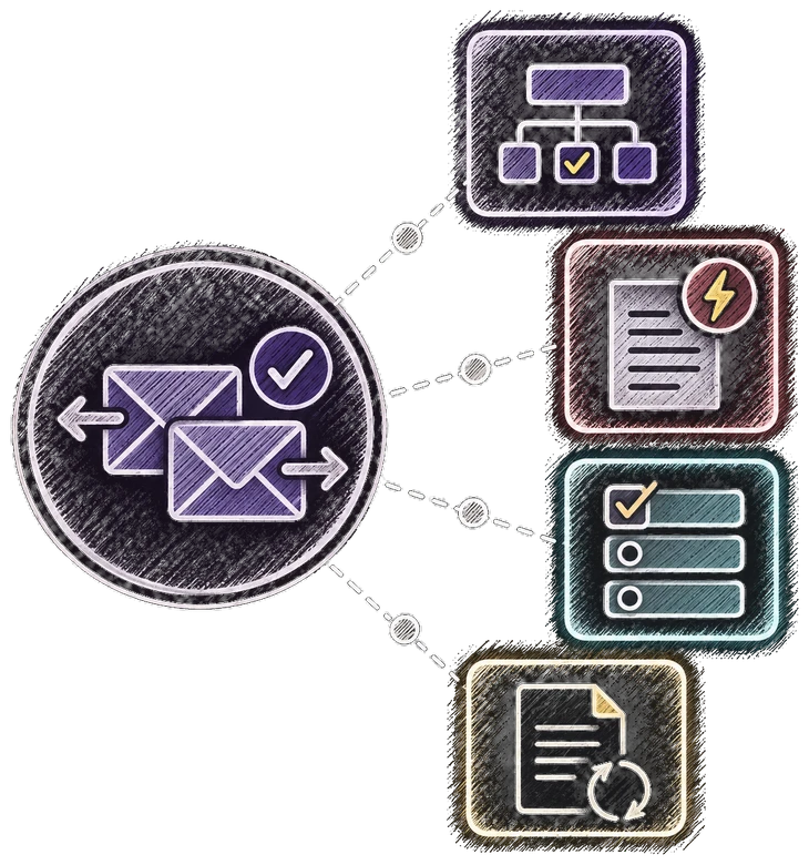 Hub-and-spoke illustration: correspondence exchange between policyholder and insurer with confirmation, connected to an organizational approval flow, an urgent flagged document, a preference checklist, and a document refresh cycle