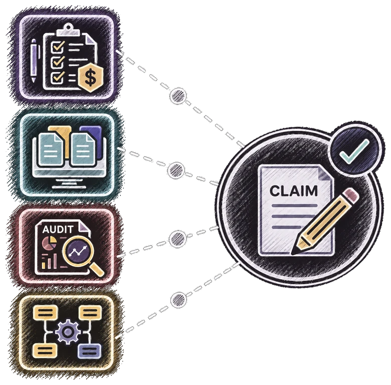 Hub-and-spoke illustration: a claim document with pen, connected to an approved checklist with pricing, a side-by-side document comparison on screen, an audit report with analysis, and an automated workflow with checkmark confirmation