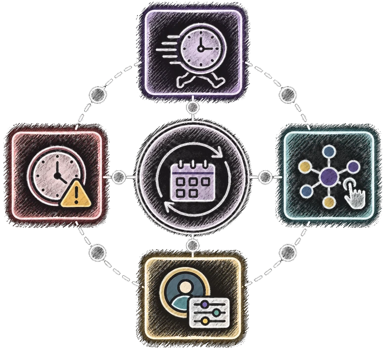 Radial illustration: a recurring renewal cycle hub connected to scheduled run timing, a late change alert, channel interaction, and policyholder data personalisation