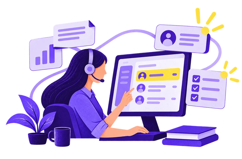 Agent or CSR working inside a core-system console, with connected chat, profile and checklist panels