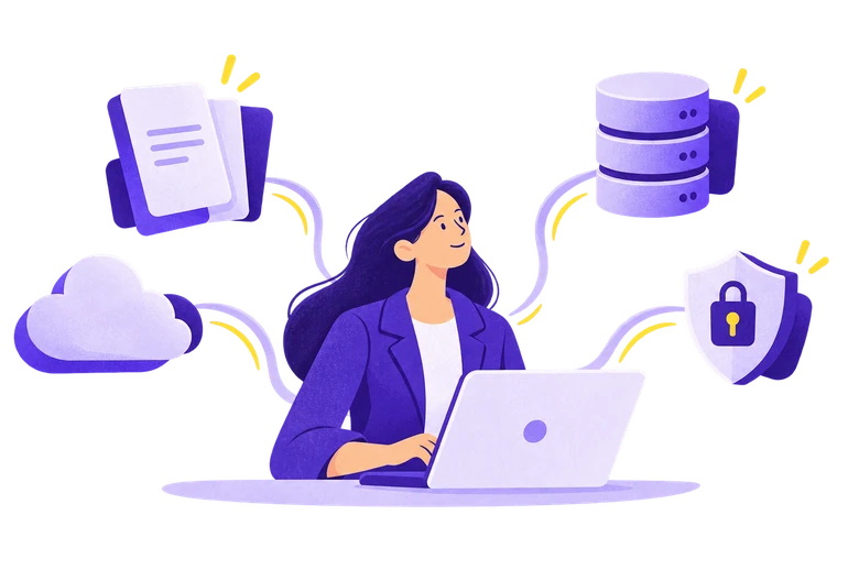 Chief Information Officer working across connected documents, databases, cloud infrastructure and security controls