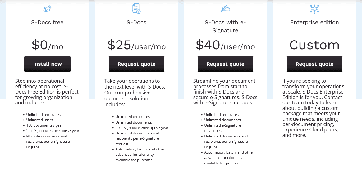 pricing table S-Docs